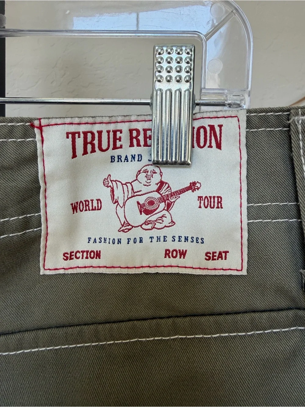 True Religion Baggy Cargo Pants 34 Kalamata Olive Green White Stitch NW Y2K